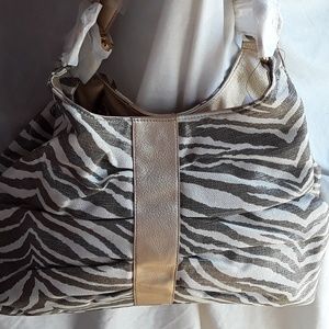 C.J. Banks Pewter Zebra Striped Hobo Bag Gold Trim
